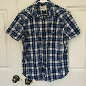 Lucky Brand plaid classic fit shirt size medium blue and white button down